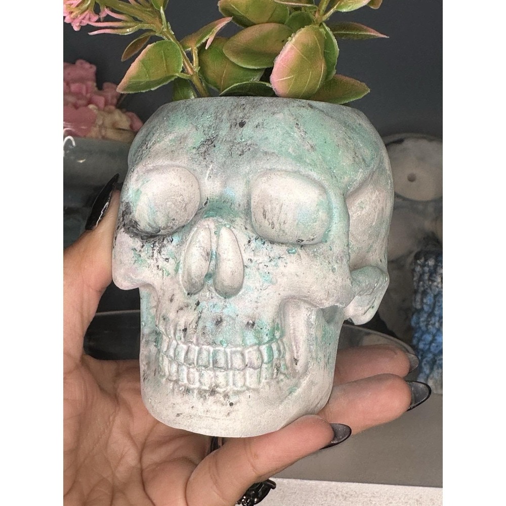 Skull Concrete Plant Pot Black Green Handmade Cement Succulent Planter - Picture 6 of 10